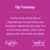Purple background with white text of Tip number 12. Family Pictures USA logo on the bottom left and Photo Organizers logo on the bottom right.