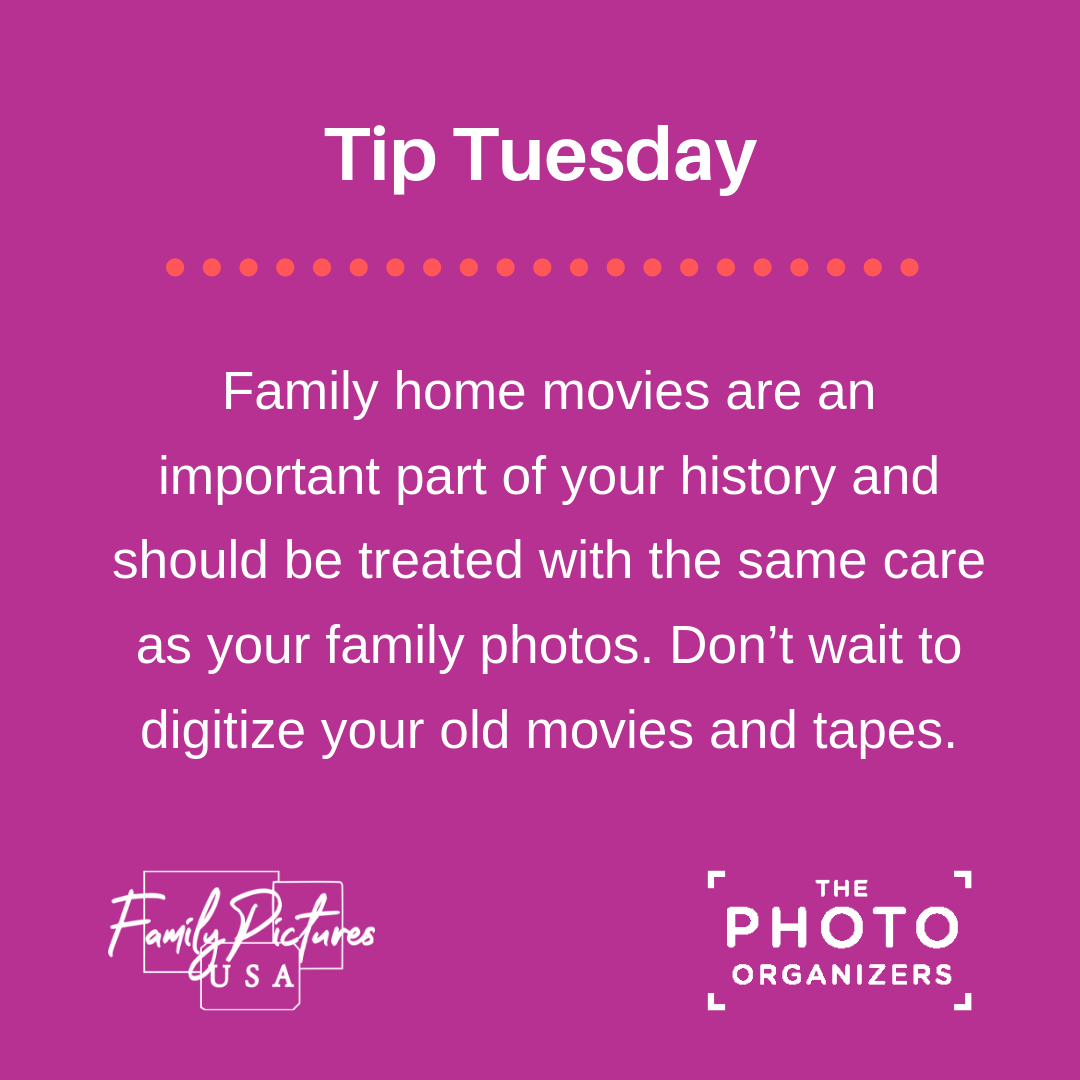 Purple background with white text of Tip number 12. Family Pictures USA logo on the bottom left and Photo Organizers logo on the bottom right.