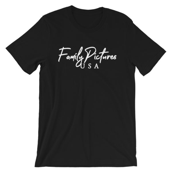 Family Pictures USA logo in white text on black t-shirt
