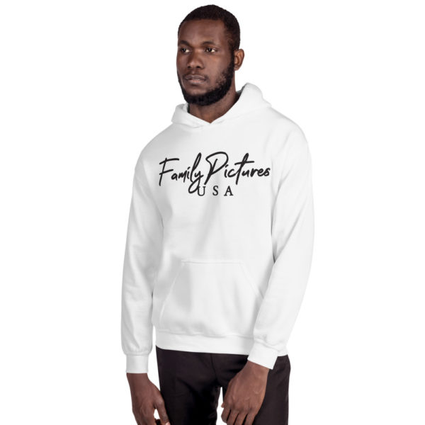 Male Model wears white hoodie with Family Pictures USA logo in black text