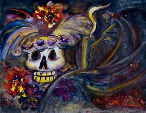 Colorful skull painting by Chicana artist Nora Chapa Mendoza