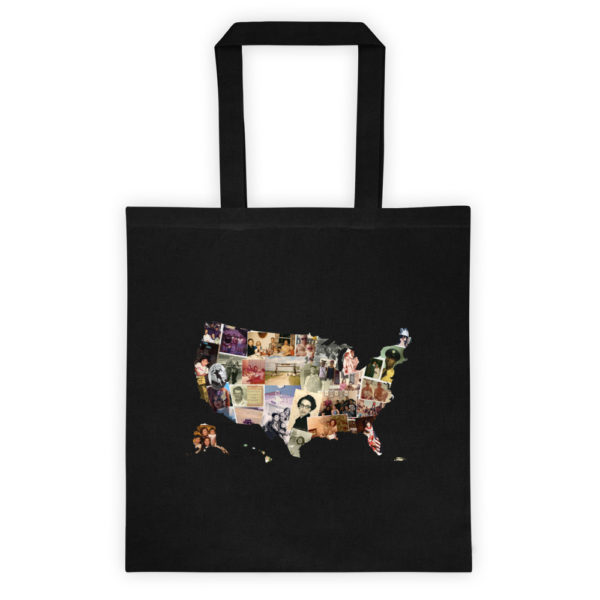 Small black tote with a collage of images in the share of the Untied States