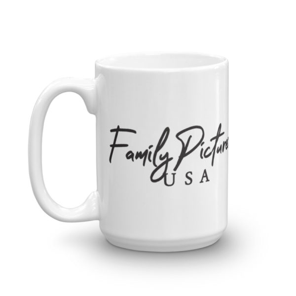 Side view of a large coffee mug with the Family Pictures USA logo, black text only.