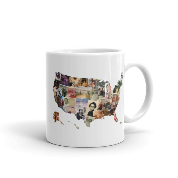 Side view of a small coffee mug with a collage of family photographs in the shape of the United States.