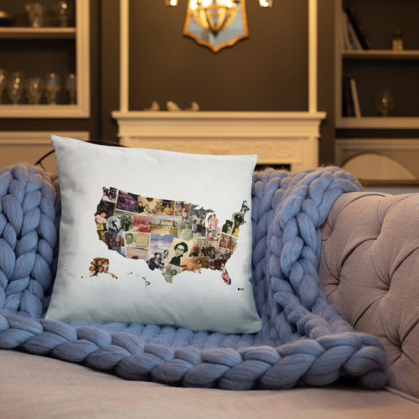 Collage of family photographs in the shape of the United States on a square white pillow displayed on a couch.
