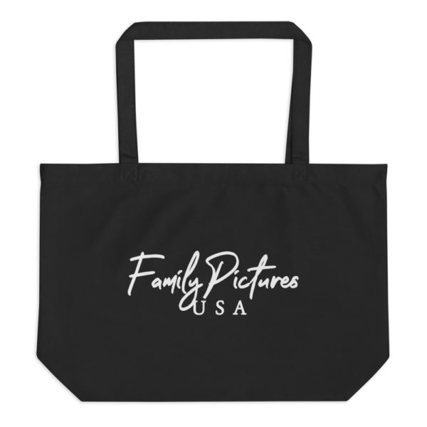 Family Pictures USA Logo in white against black tote