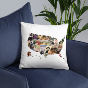 Collage of family photographs in the shape of the United States on a square white pillow displayed on a blue chair.