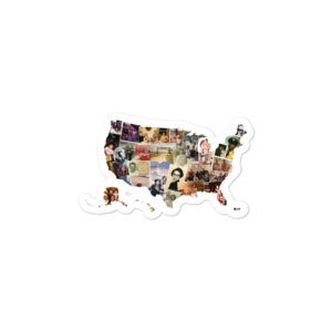 Small sticker of a collage of photos in the shape of the united states