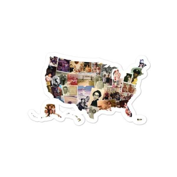 Medium sticker of a collage of photos in the shape of the untied states
