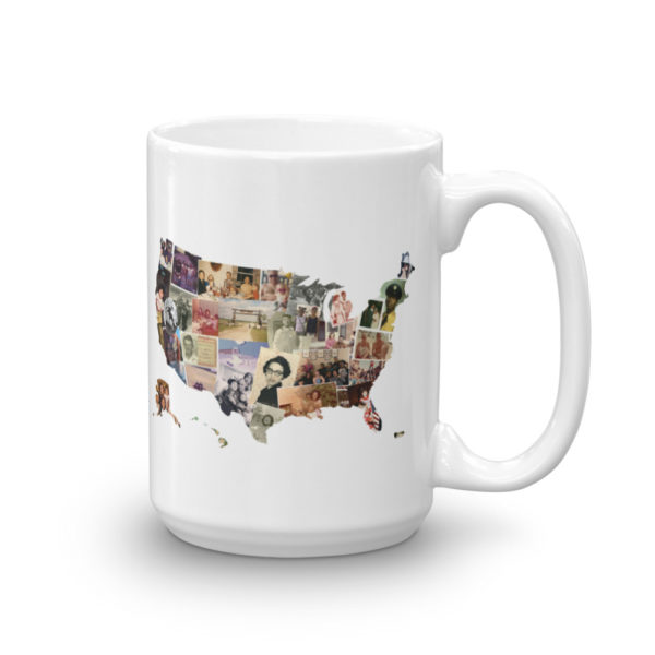 Side view of a large coffee mug with a collage of family photographs in the shape of the United States.