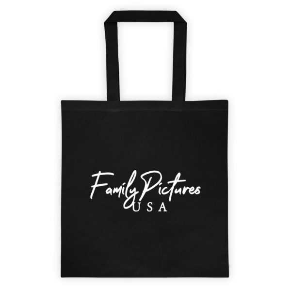 small black tote with Family Pictures USA logo in white