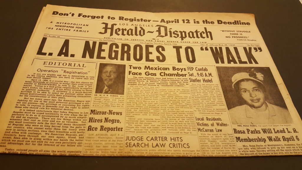 Photo of the Herald-Dispatch captioned LA Negroes to walk with photos of Rosa Parks and WEB Dubois